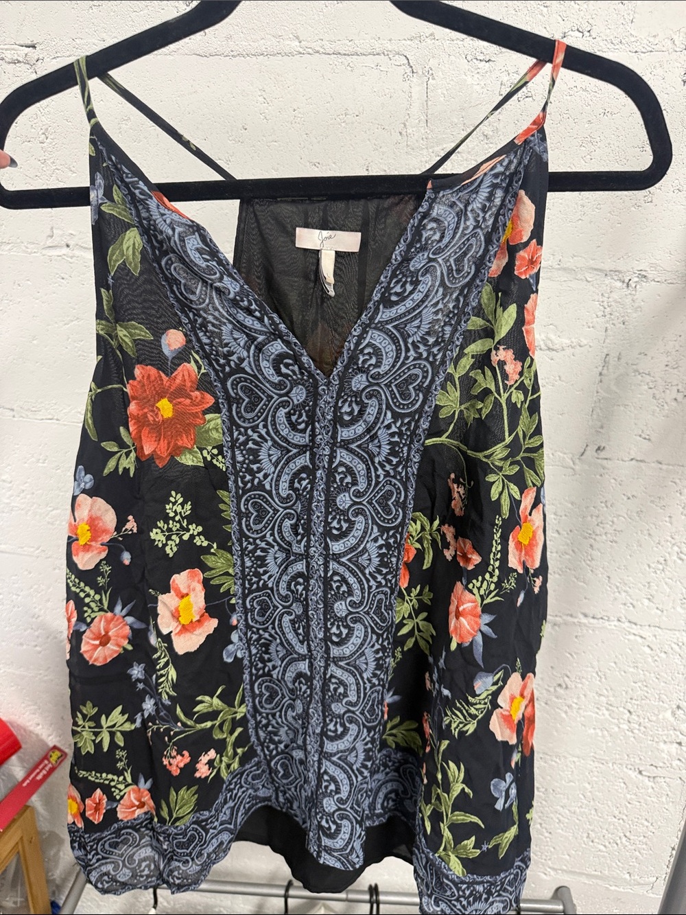 Floral Embroidered V-Neck Cami Tank Top - Black / Coral JOIE Top - Size Large